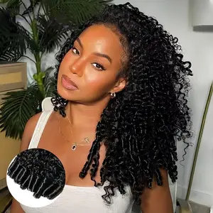 [3 In 1 Half Wig] Cheetah Beauty Burmese Curly Glueless Half Wig Seamless Flip Over Drawstring Wig Wear Go Half Wig Invisible Hairline Glueless Afro Kinky Curly Human Hair Beginner Friendly #SummerWins #DealsForYouDays #weeklydeals