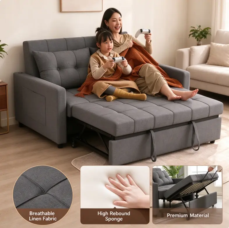 52" Sleeper Sofa with Pull-Out Bed, couch,3-in-1 Convertible Sofa Bed, Loveseat with Stepless Adjustable Backrest and Side Pocket, for Living Room Dorm Apartment,Day bed,,sofas para sala, SohoChic