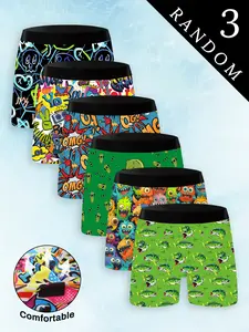 Men's Long Briefs Set of 3, Cartoon Graffiti Monster Fishing Prints, Elastic Underwear, Soft Fabric, Casual Comfort