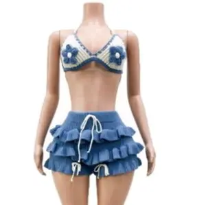 Crochet Bikini Set with Floral Design and Ruffled Shorts for Women