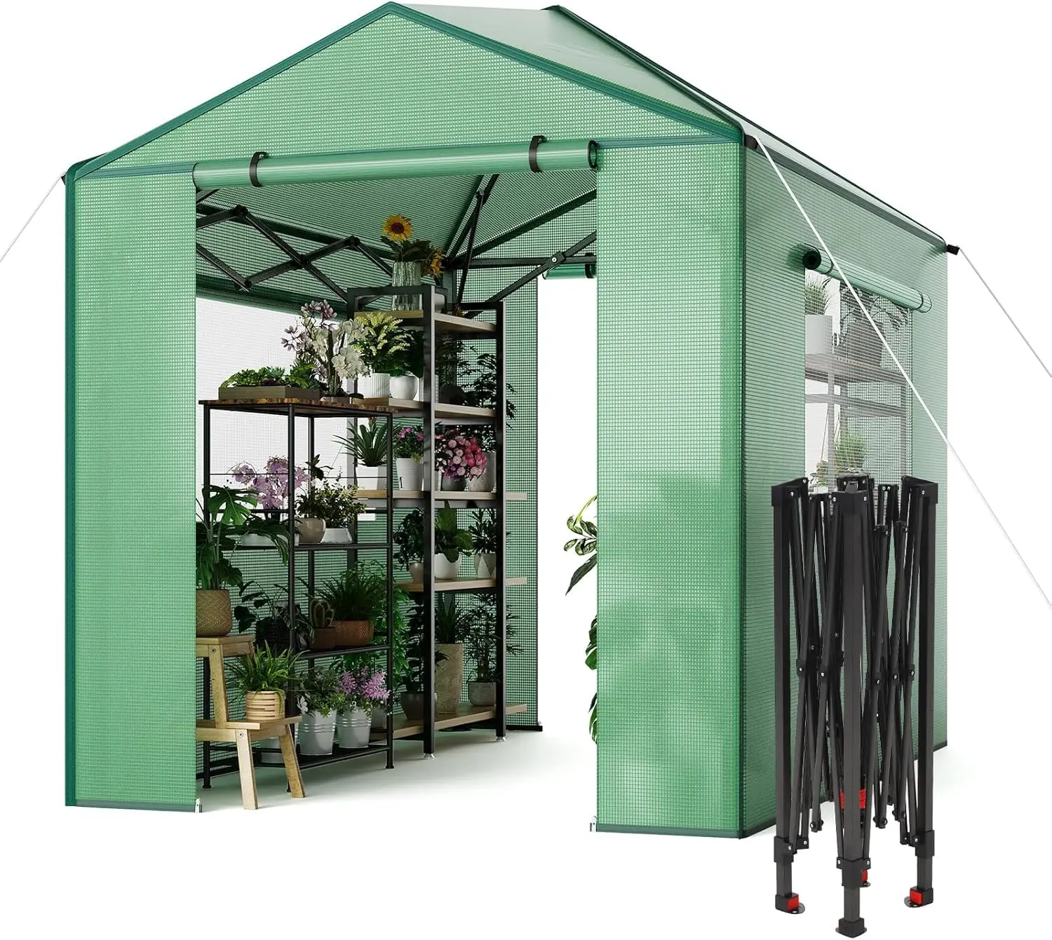 8x12FT Greenhouse for Outdoors with Mesh Side Windows, Portable Walk-in Greenhouse, Pop-Up Indoor Outdoor Garden Green House, Zippered Doors and Windows, PE Cover