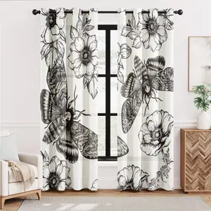 Gothic Moth & Floral Print Light Filtering Curtains, Long 84 Inch, 2 Panels, Semi-Sheer Drapes for Living Room Bedroom Decor, Window Curtain, Home Decoration Curtain