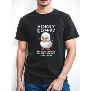 Funny 60s Retro Vintage Humor T-Shirt - "Sorry I'm Cranky I'm Going Through My Terrible 60s" with Grumpy Duck & 60s Boomers Design - Unisex Casual Round Neck Short Sleeve Tee - 100% Cotton Slightly Elastic