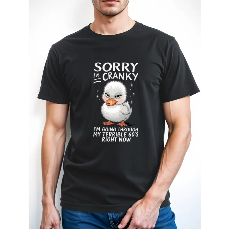 Funny 60s Retro Vintage Humor T-Shirt - "Sorry I'm Cranky I'm Going Through My Terrible 60s" with Grumpy Duck & 60s Boomers Design - Unisex Casual Round Neck Short Sleeve Tee - 100% Cotton Slightly Elastic