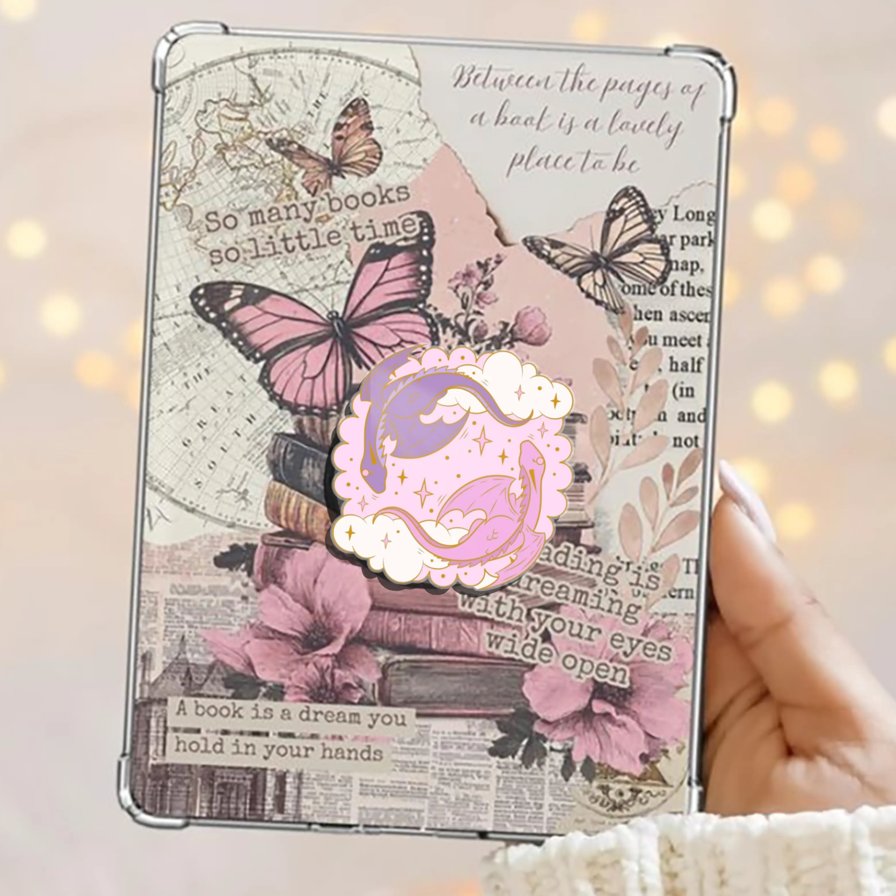 Celestial Twin Dragons – Dancing Through Cotton Candy Skies Kindle Grip Book Lover Cute Kindle Accessories Phone Holder PopSocket Phone Grip Magnetic Pop Socket Phone Grip