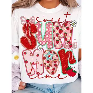 Women's Sweet Summertime Strawberry Print T-Shirt Round Neck Short Sleeve Top