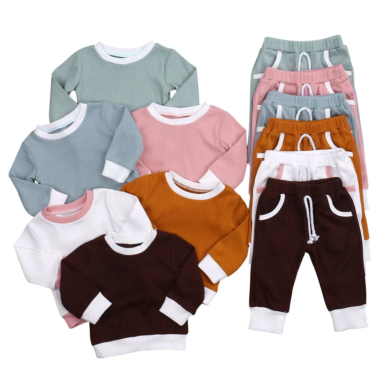 Unisex Baby & Toddler Knitted Sweatsuit, 2-Piece Solid Color Cotton Lounge Set, Long Sleeve Pullover Fall Winter Outfit, 0-4T, Toddler Gifts