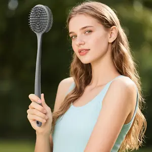 Dual-Sided Silicone Shower Brush with Long Handle - Black Back Scrubber for Exfoliation & Massage Creates Rich Lather Includes 1 Hook & 1 Facial Brush for Bath Personal Use