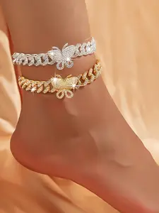 Trendy Individual Hip Hop Cuban Chain Sparkling Full Diamond Butterfly Anklet, Dainty Layered Anklet, Fashionable Jewelry Accessory for Stylish Look, Trendy Jewellery Accessories