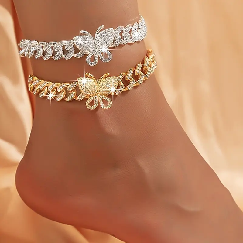 Trendy Individual Hip Hop Cuban Chain Sparkling Full Diamond Butterfly Anklet, Dainty Layered Anklet, Fashionable Jewelry Accessory for Stylish Look, Fashion Cool Accessories