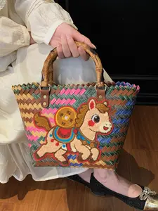 2026 New American Country Colorful Woven Bag, Vintage Versatile Rattan Handbag, Bamboo Handle Basket Beach Vacation Handmade Straw Bag