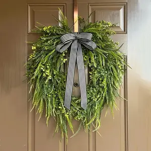 Summer Fern Water Grass Wreath, All-Season Decor, Featuring Water Grass, Cypress Leaves, Bow, Wall Decoration, Front Door Wreath
