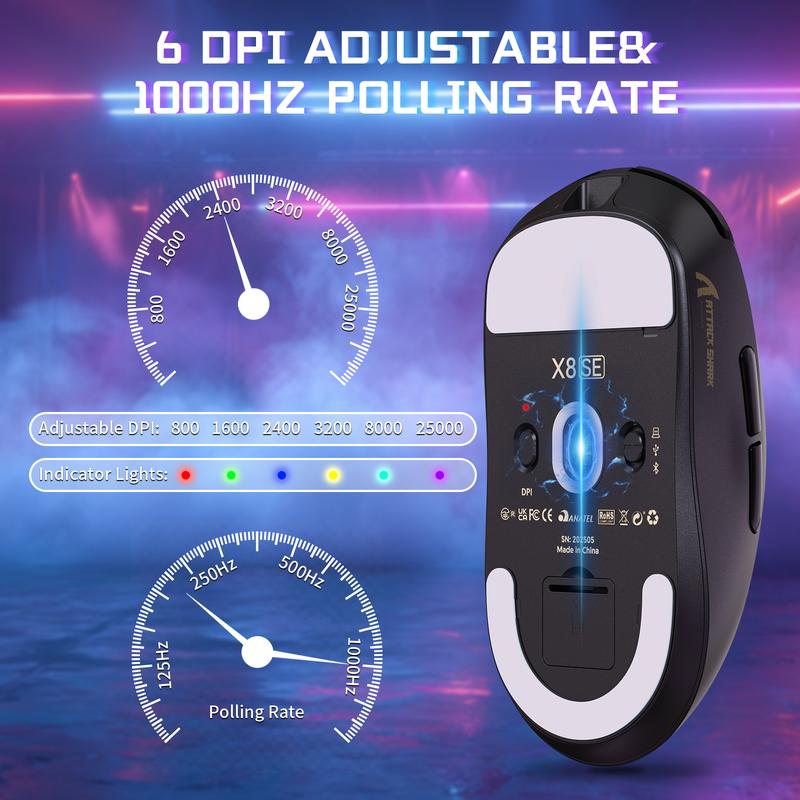 ATTACK SHARK X8SE Wireless Gaming Mouse,Adjustable 25K DPI PAW3311 Optical Sensor,Ergonomic 59g Lightweight,Triple Modes 2.4G/BT/USB-C,500mAH Battery,5 Programmable Buttons for PC/Mac