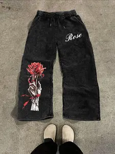 Men's Long Pants with Melting Rose and Skull Hand Print, Elastic Waist Comfort Fit, Trendy Street Style, Casual Fitted Pants for All Seasons