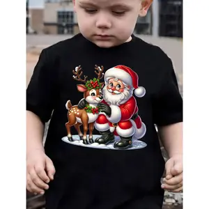 Boys' Christmas Santa Claus & Reindeer Graphic T-Shirt - Lightweight Summer Short Sleeve Tee with Red & Holiday Design, Round Neck Casual Top for Christmas, New Year'S Eve - Easy-care Holiday Outfit, Christmas Clothes, Festive Clothing