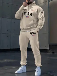 Men's Fashion Letter Printed Fitted Hoodie Set, Usa FlagDesign， Pocket drawstring sweatshirt and elastic waist pants, autumn and winter casual wear