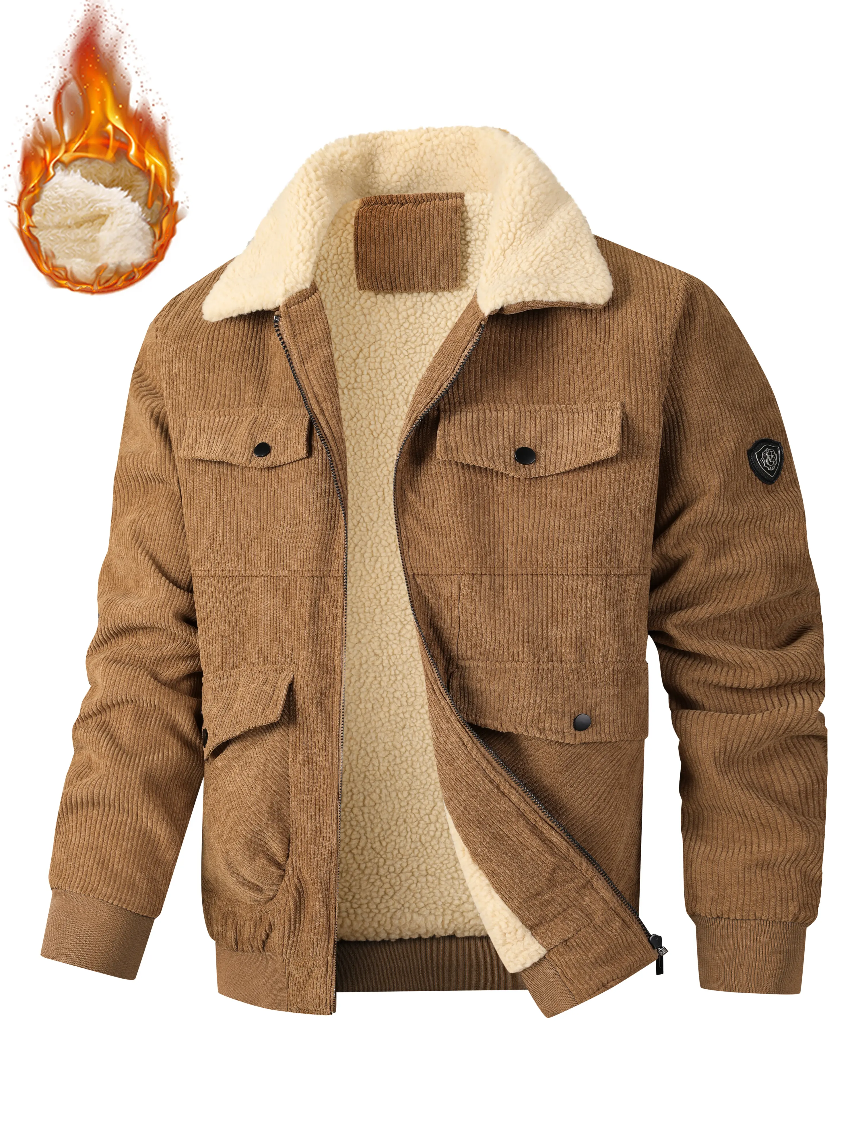 Men's Hardcore Plain Casual Menswear Corduroy Sherpa-Lined Fleece Fabric Jacket - Tough Look, Superior Warmth for Cold Days, Father's Day Gift