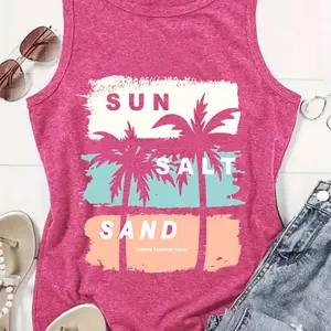 Plus Size Women's Summer Palm Tree Letter Print Sleeveless Top Graphic Vacation Women Tops,tank top women,elevated going out tops