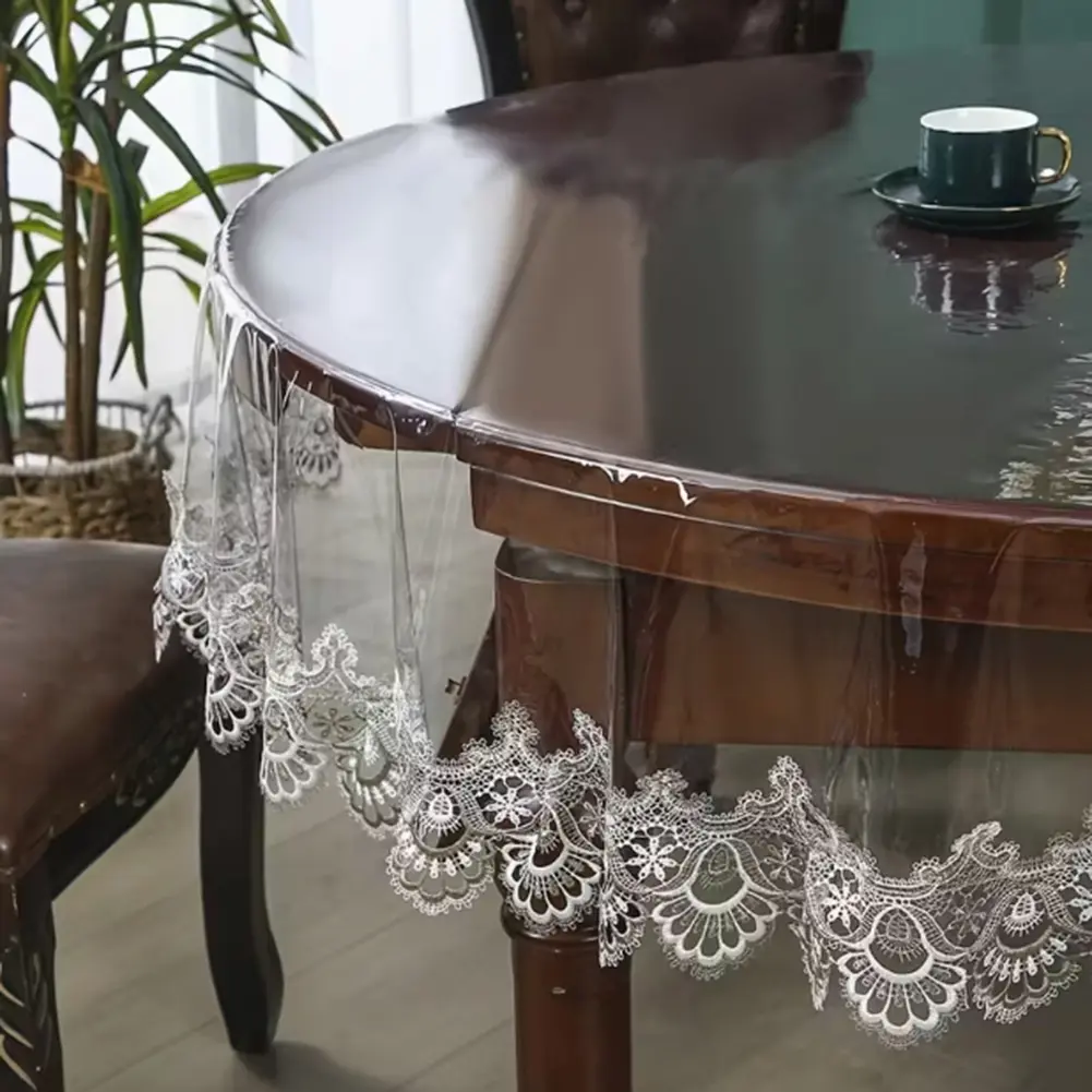 Clear PVC Tablecloth with Elegant Embroidery, 150x150cm White/Coffee Two-Tone Round Table Cover, Waterproof & Stain Protection Tablecloth Dining Table Cover with Lace Tablecloth for Dining Tables Kitchen Home