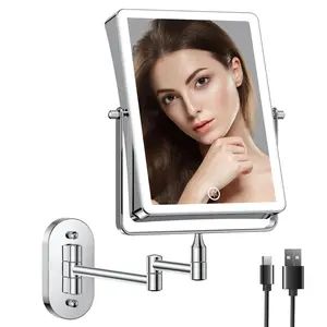 Rechargeable wall mounted makeup mirror 87 inch double sided 1x 10x magnifying bathroom mirror rectangle 3 color setting extended arm 360 swivel foldable chrome