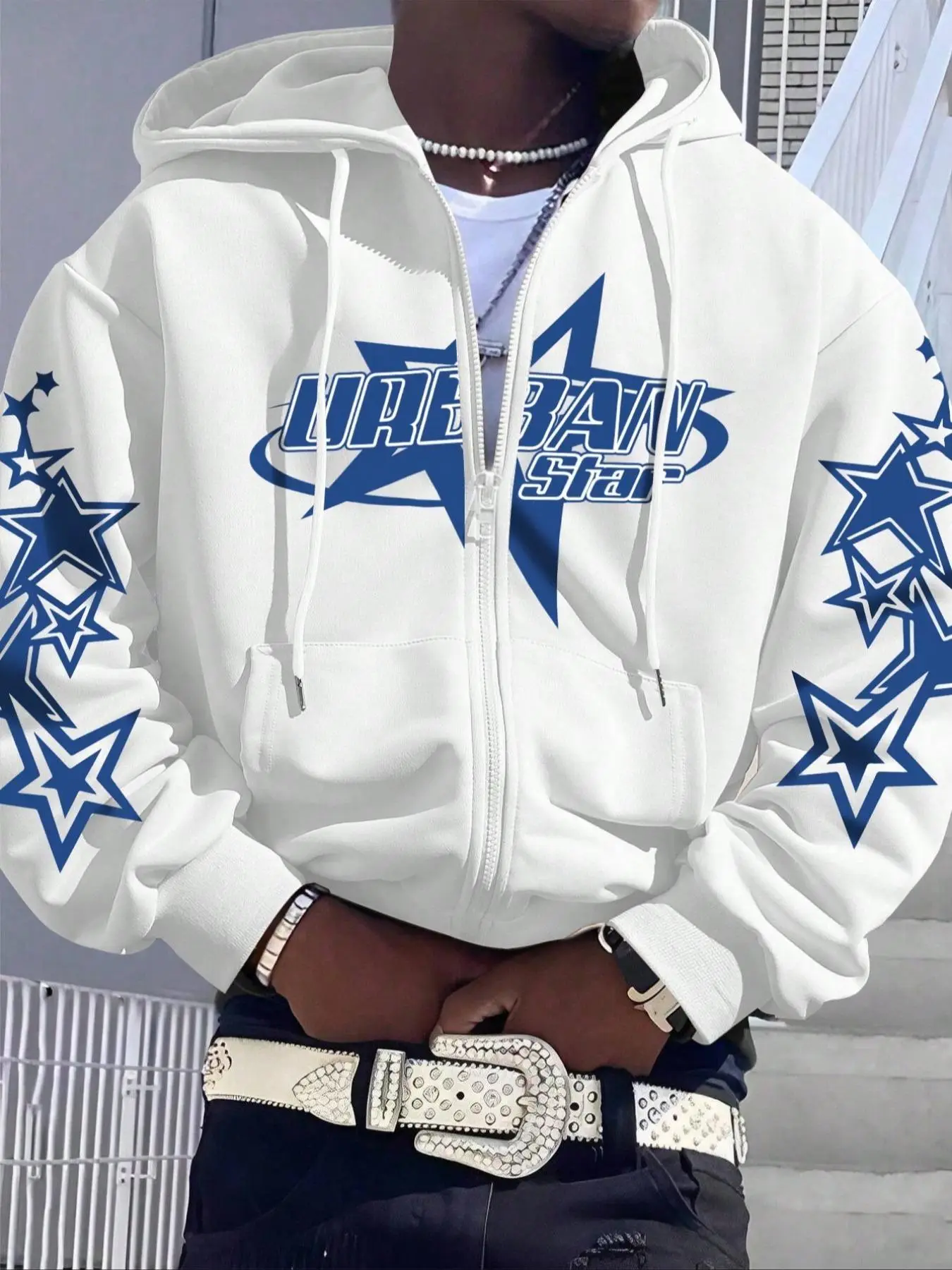 Men's Star & Letter Print Drop Shoulder Thermal Lined Zip Up Hoodie, Street Y2K Casual Regular Fit Drawstring Pocket Hooded Jacket for Daily Holiday O