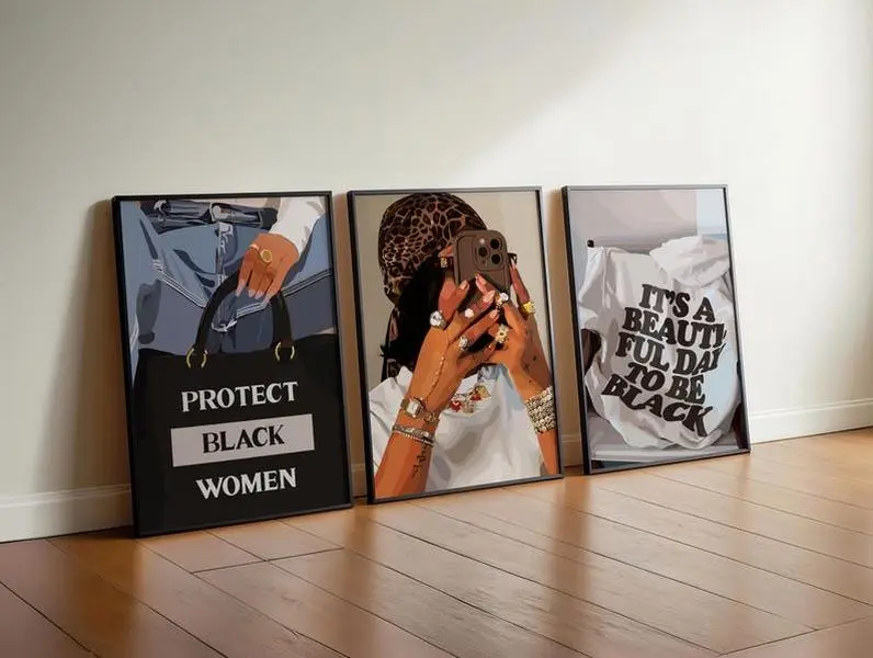 Set of 3 Feminine Wall Art, Black Girl Room Décor poster #7766676
