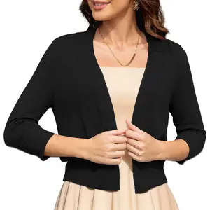 Tinya Women's Solid Color 3/4 Sleeve Knit Shrug Cardigan Front Opening Casual Sweater Minimalist Basic Knitwear