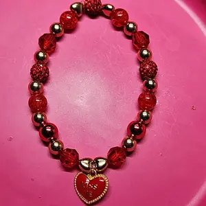 Red Rhinestones Gold Heart Beads with Heart Charm Bracelet for Women