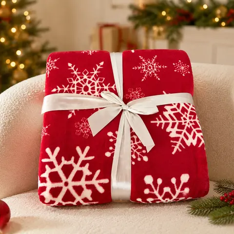 Snowflake Pattern Red Blanket with White Ribbon Tie-Top Design for Cozy Comfort