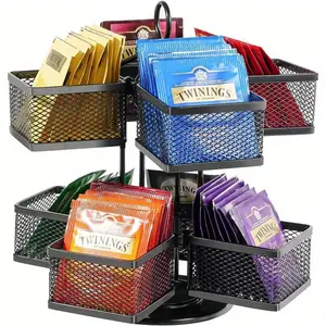360 degree rotating tea bag storage carousel with 8 compartments to display tea bags, perfect for kitchen, home office or coffee bar - black