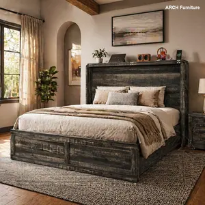 Queen Size Farmhouse Murphy Bed Frame - Engineered Wood Space-Saving Hideaway Wall Cabinet with Built-In Charging Station, USB Ports, Large Storage Drawer, Foldable Pull-Out Platform for Small Spaces, Living Room, Charging Ports