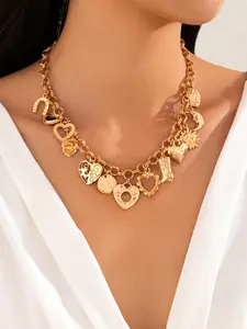 Women's Fashion Necklace, Dangling Charms Necklace, Multi-Element Cross Heart Pendant Chain Jewelry, Unique Design Elegant Accessory for Women Daily Wear