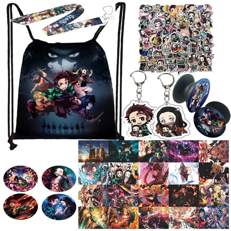 Demon Slayer Character Print Synthetic Drawstring Shopping Multipack - Functional Collectible Pouch Bags, Keychain Decor, Stickers, Key Accessories for Anime Fans, Collectors