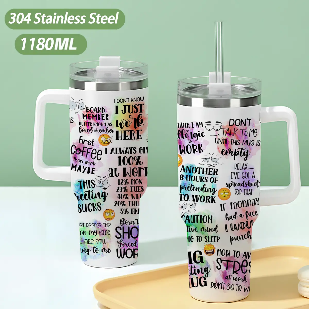 304 Steel 40oz Large Capacity Portable Car & Office Water Bottle with Lid, Handle, Humorous Workplace Quote & Emoticon Style Design, Insulated Drink Tumbler for Travel & Birthday Gifts, Double Wall