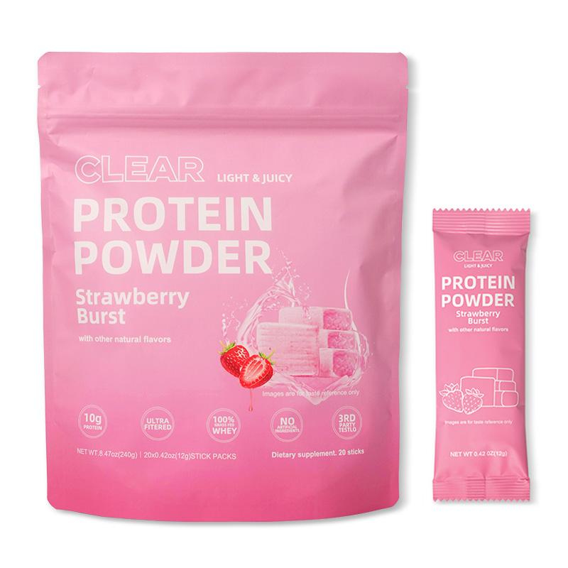 Clear Protein Powder: Strawberry Burst 10g Ultra Filtered Natural Flavor Grass Fed Whey Isolate Fast Absorbing Muscle Growth Recovery 20 Packets