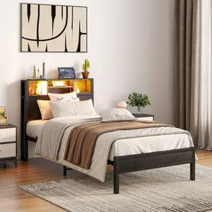 Twin Size Platform Bed with Storage Headboard and Charging Station, Heavy Duty Metal Twin size Bed Frame with Bookcase Storage, No Box Spring Needed, Easy Assembly, Black