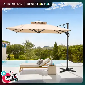 [NO Weighted Base] PHIVILLA Home 9*12ft Cantilever Patio Umbrella, One Button Open, 360-Degree Rotation, Outdoor Umbrellas With Cross Base, Summer Vibes