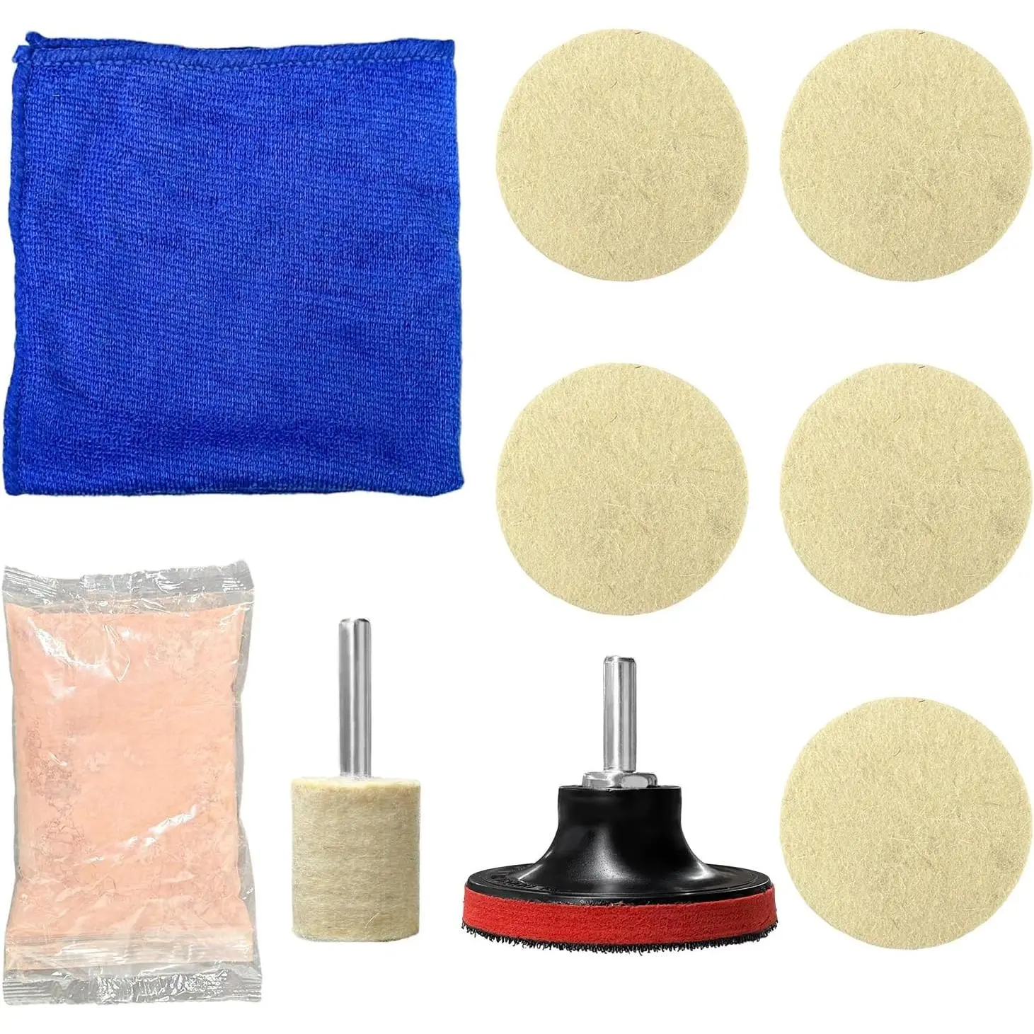 10 PCS Glass Polishing Kit, Windscreen Glass Scratch Removal Kit with 100g Cerium Oxide Powder, Felt Buffing Pad Wool Polishing Wheel Scratch Repair Kit for Glass Window Windshield
