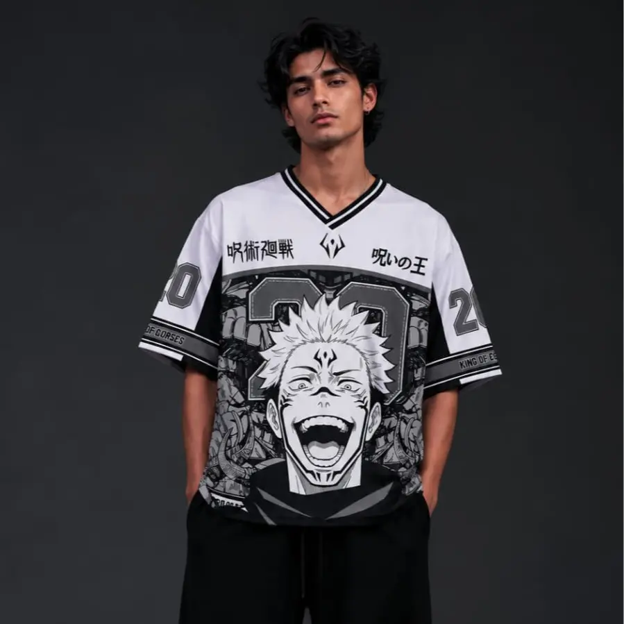 Jujutsu Kaisen Anime Oversized Jersey Shirt – Retro Manga Streetwear Mesh Tee, Y2K Graphic Sports Jersey AOP V-Neck Mesh Football Jersey
