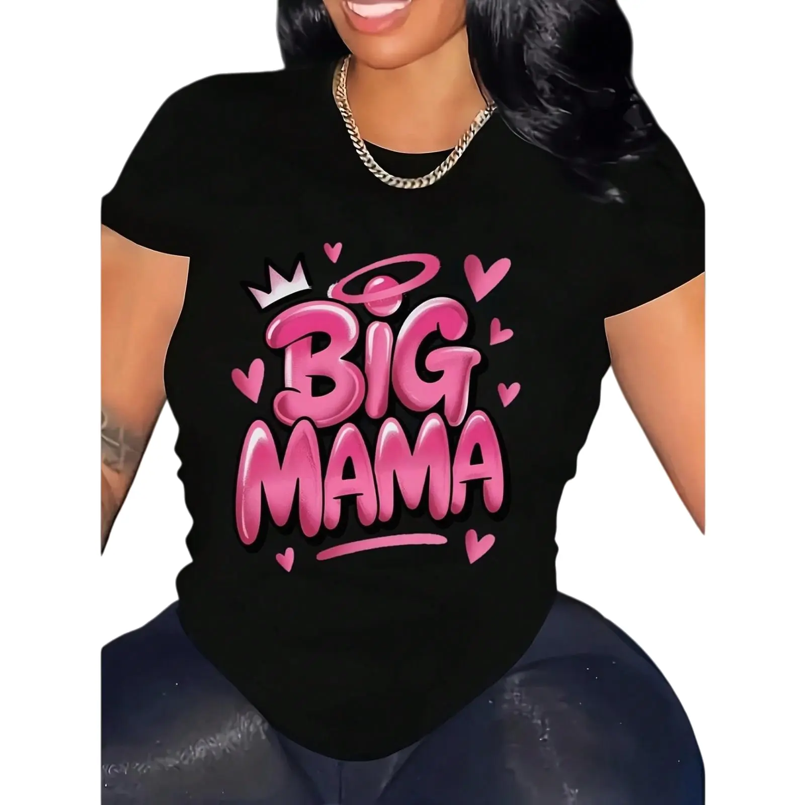 Women's Plus Size T-Shirt with Vintage "BIG MAMA" Crown Graphic, Casual Streetwear Short Sleeve Breathable Round Neck Top