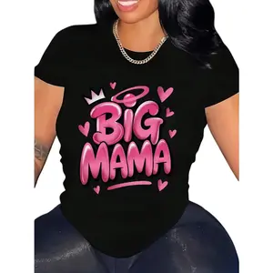Graffiti Crown Women's Plus Size Casual Short Sleeve T-Shirt - BIG MAMA Graphic With Crown & Hearts, Geometric Print, Breathable Round Neck, Machine Washable, All-Season Comfort, Fashionable Grap vintage graphic tees Black Crewneck