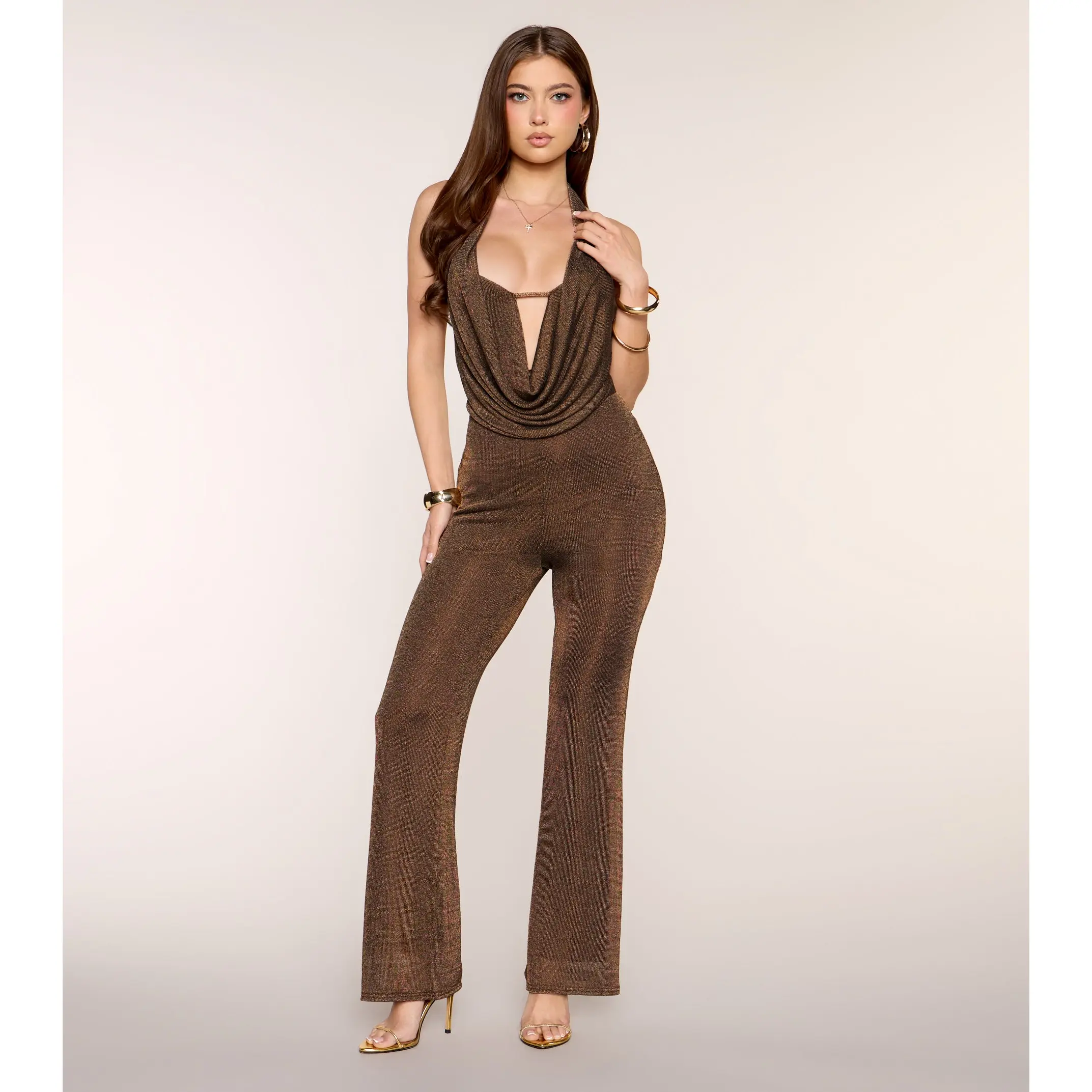 Keep Looking Metallic Knit Cowl Neck Jumpsuit Keep Looking Metallic Knit Cowl Neck Jumpsuit