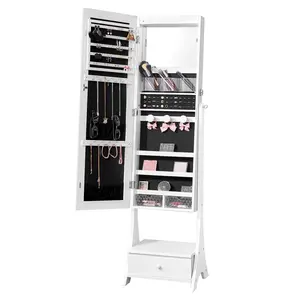 VEVOR Mirror Jewelry Cabinet,  Standing Mirror with Storage, Lockable Jewelry Mirror Organizer with Full Length Mirror, Velvet Lining, Interior LED Light, Drawer, Freestanding Jewelry Armoire, White