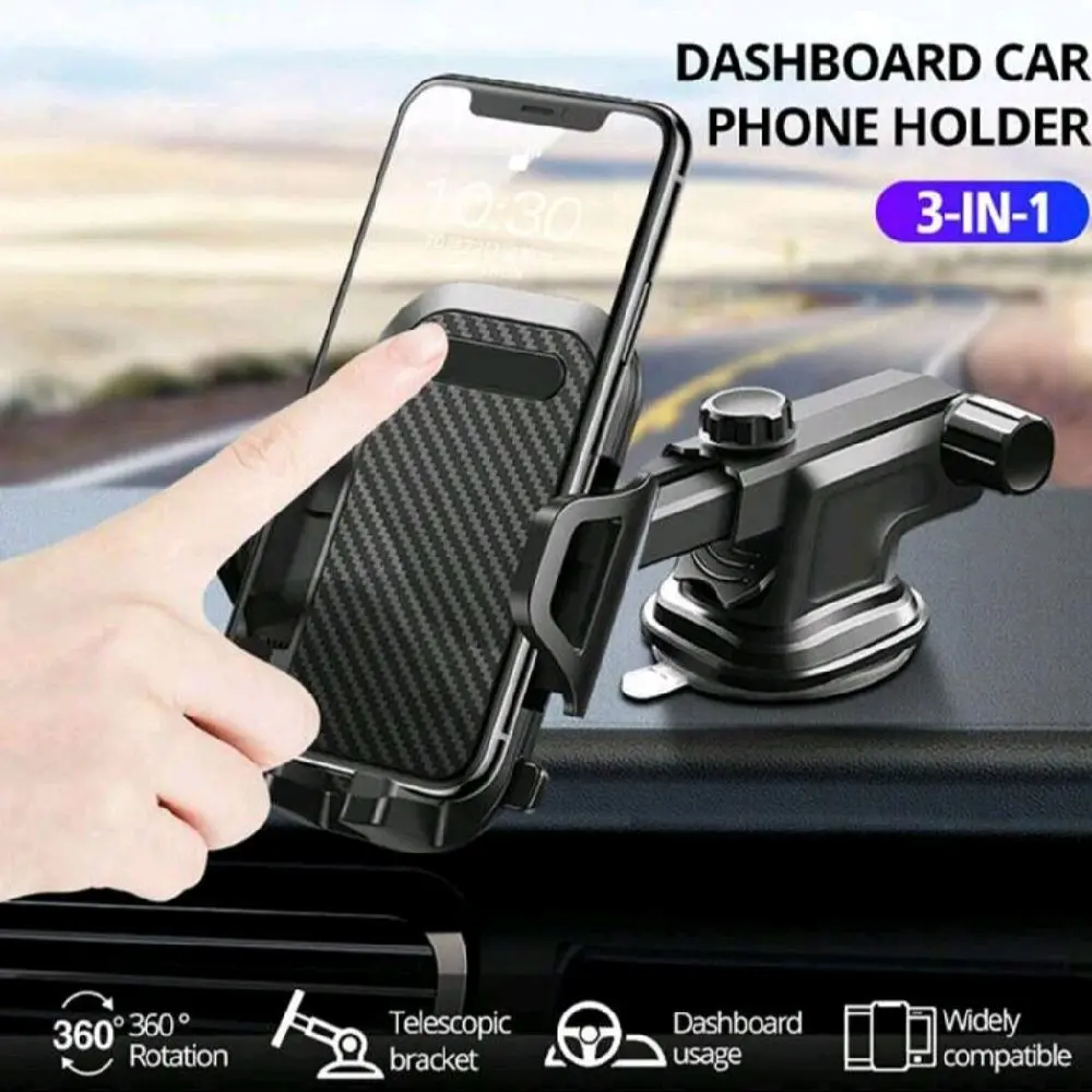 Car Phone Holder Suction Cup Dashboard 3-in-1 Telescopic Bracket 360° Rotation Wide Compatibility Universal Mount Compact & Versatile