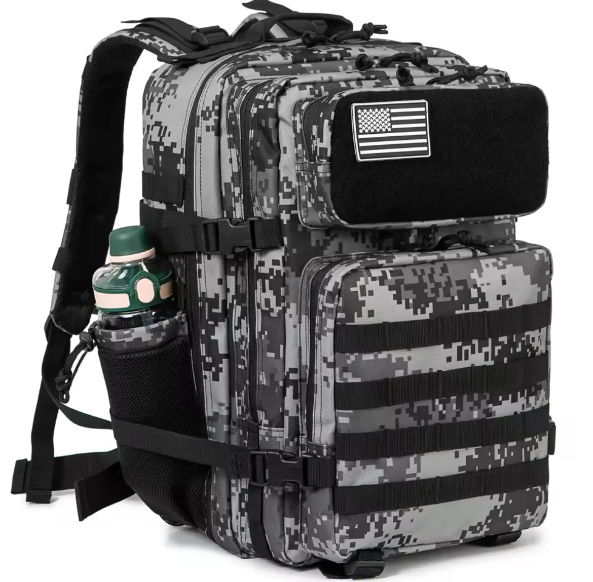 Adult Male 45L Sturdy MOLLE Tactical Rucksack - Camo, Polyester, Water-Resistant, Velcro, Multi-Compartment, Bottle Holder, Customizable Webbing, Reinforced Double-Stitched, Long-Lasting Storage for Hiking EDC (Outdoors Sports Camping Hiking Bags & Packs)