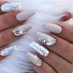 Long Coffin Silver Rhinestone Press On Nails 24CT nail art