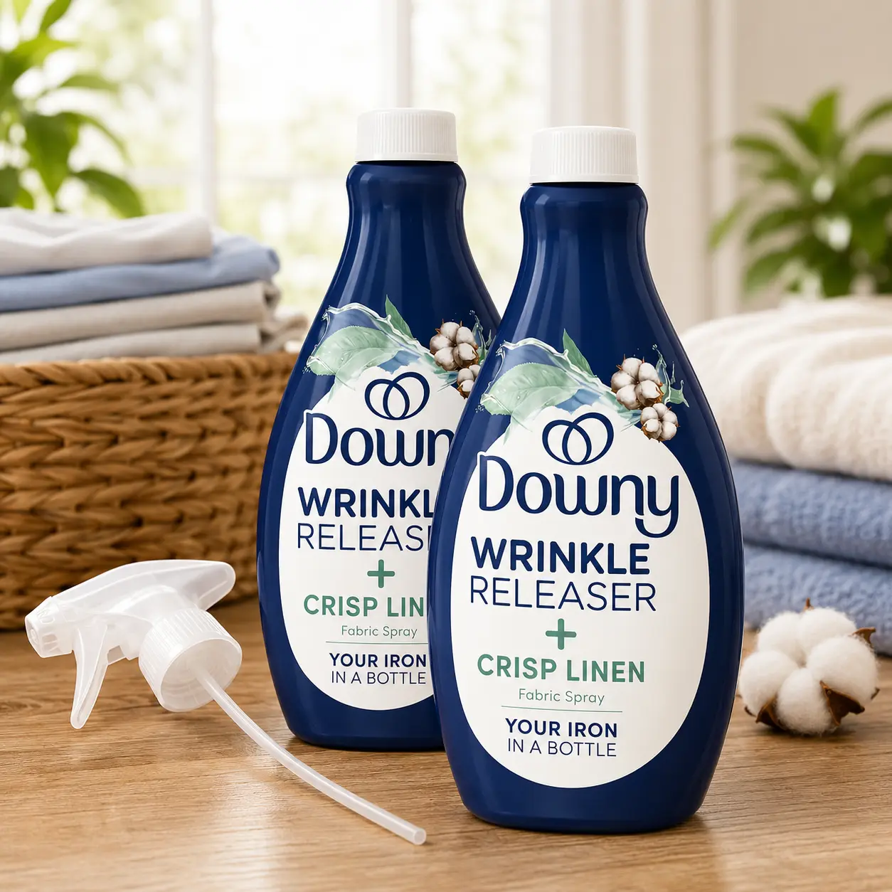Downy Wrinkle Releaser Spray, All-In-1 Home Care Formula, Wrinkle Remover, Static Reducer, Odor Eliminator, Crisp Linen Scent, 33.8 Fl Oz, Pack of 2 (Packaging May Vary)