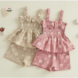 2Pcs Toddler Girls Summer Outfits Sleeveless Square Neck Daisy Print Smocked Vest Tops and Elastic Waist Shorts