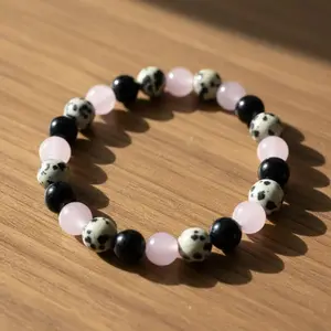 BeadBreath Natural Stone Releasing Past Hurts Bracelet Set, Rose Quartz & Black Tourmaline Beaded Stretch Bracelet, Handmade Bohemian Jewelry