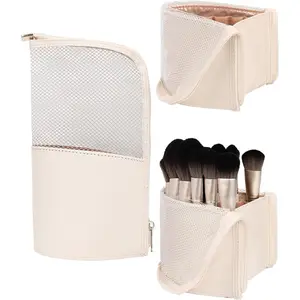Makeup Brush Holder Bag,Portable Make-up Brush Organizer Bag  Stand-Up Makeup Brush Pouch,Professional Artist Makeup Case,Extral Large,Beige